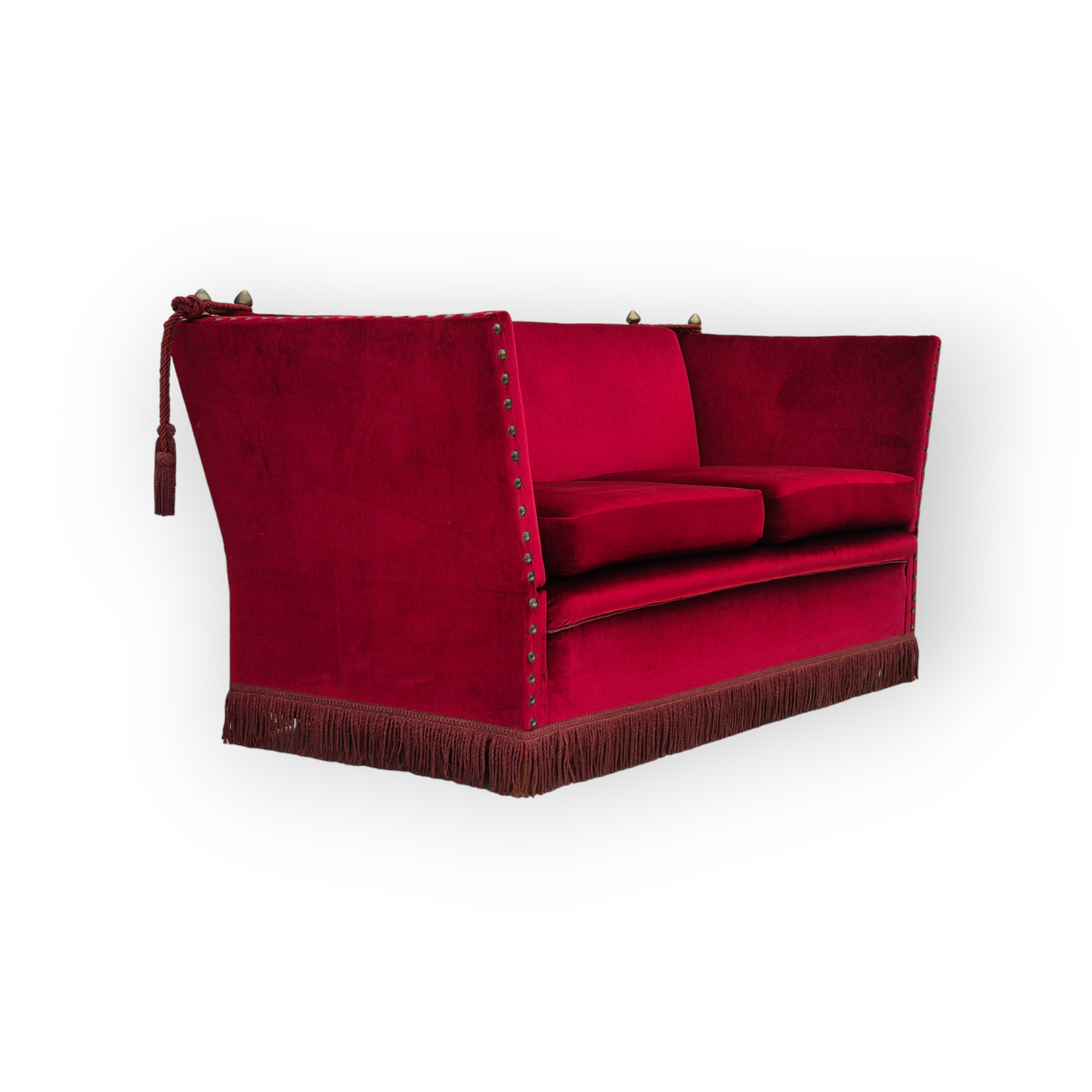 1960s, Danish velour 2 seater drop arm sofa, cherry-red velour, original condition.