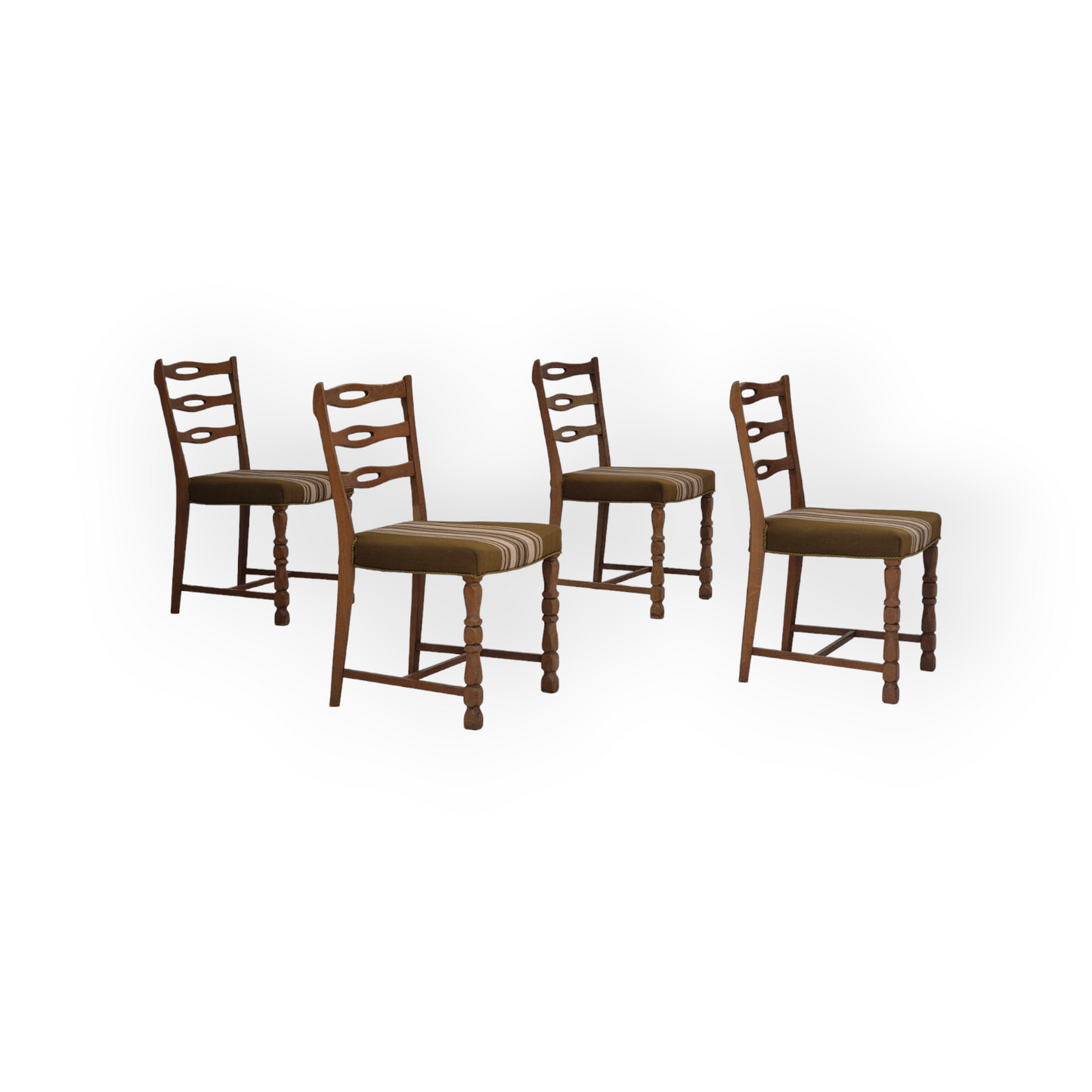 1970s, set of 4 Danish dining chairs in oak wood, green furniture wool.