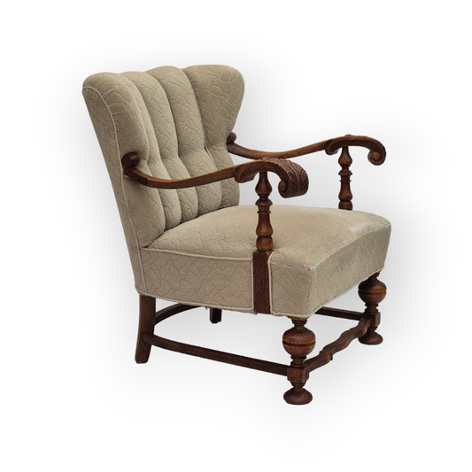 1950s, Danish armchair, original condition, cotton-wool fabric, hand carved oak wood.