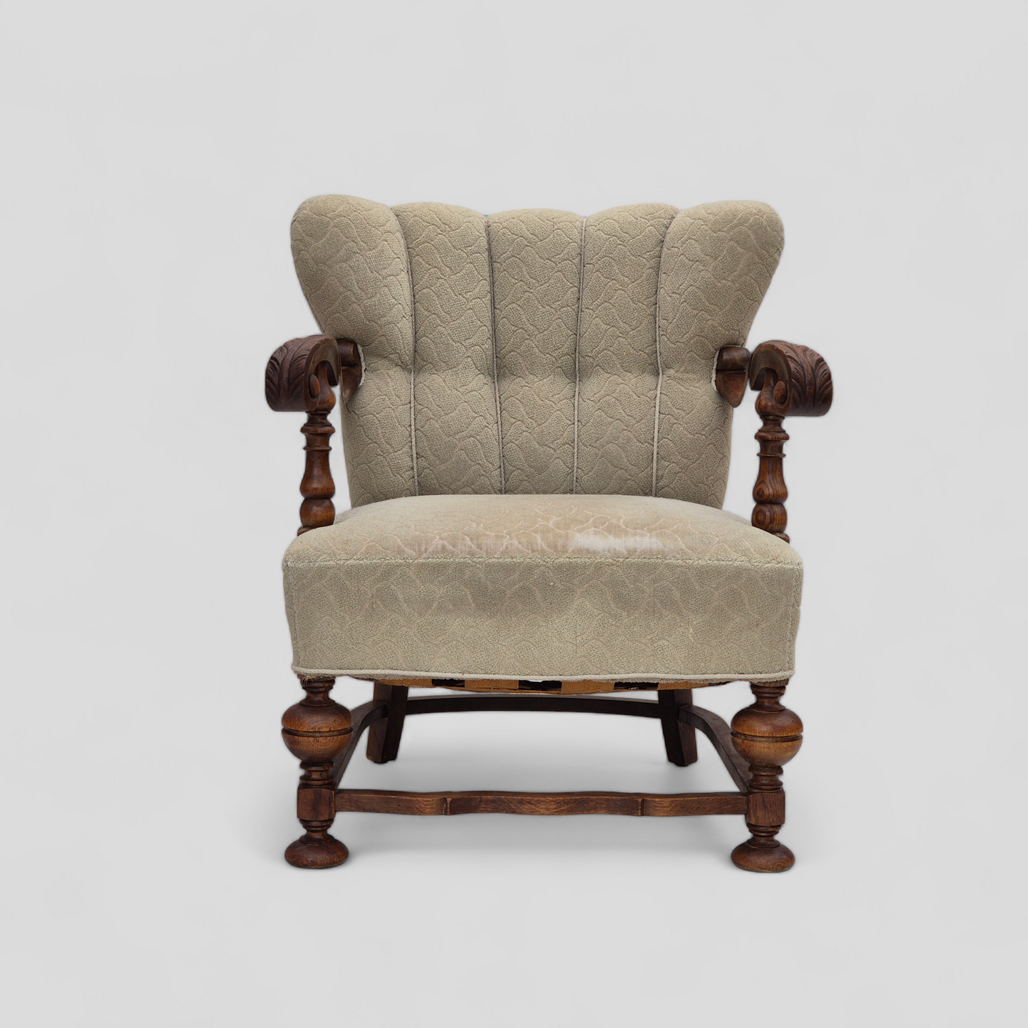 1950s, Danish armchair, original condition, cotton-wool fabric, hand carved oak wood.