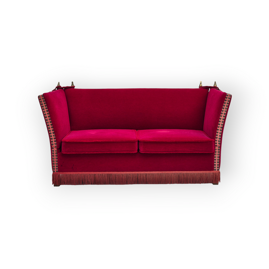 1970s, Danish drop arm "Spanish" sofa, original condition, cherry red furniture velour.