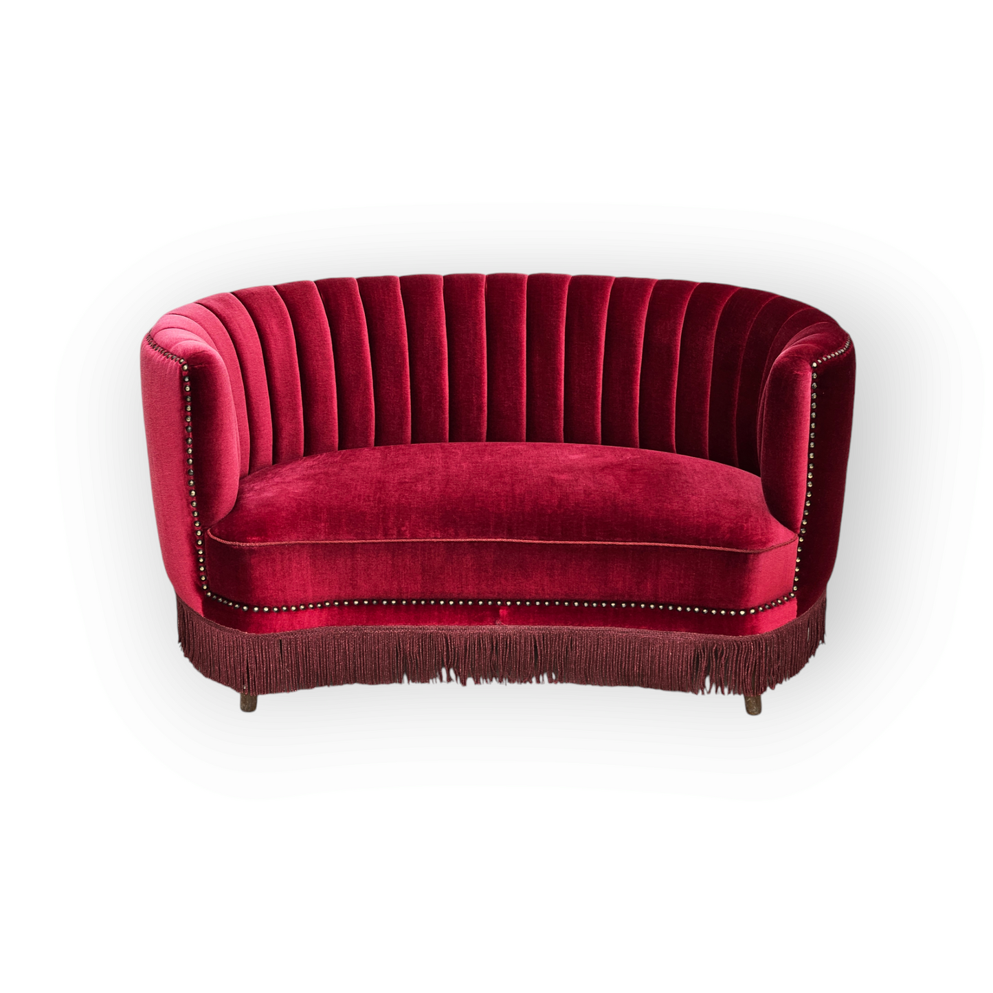 1970s, Danish 2-seater "Banana" sofa, original cherry-red velour.