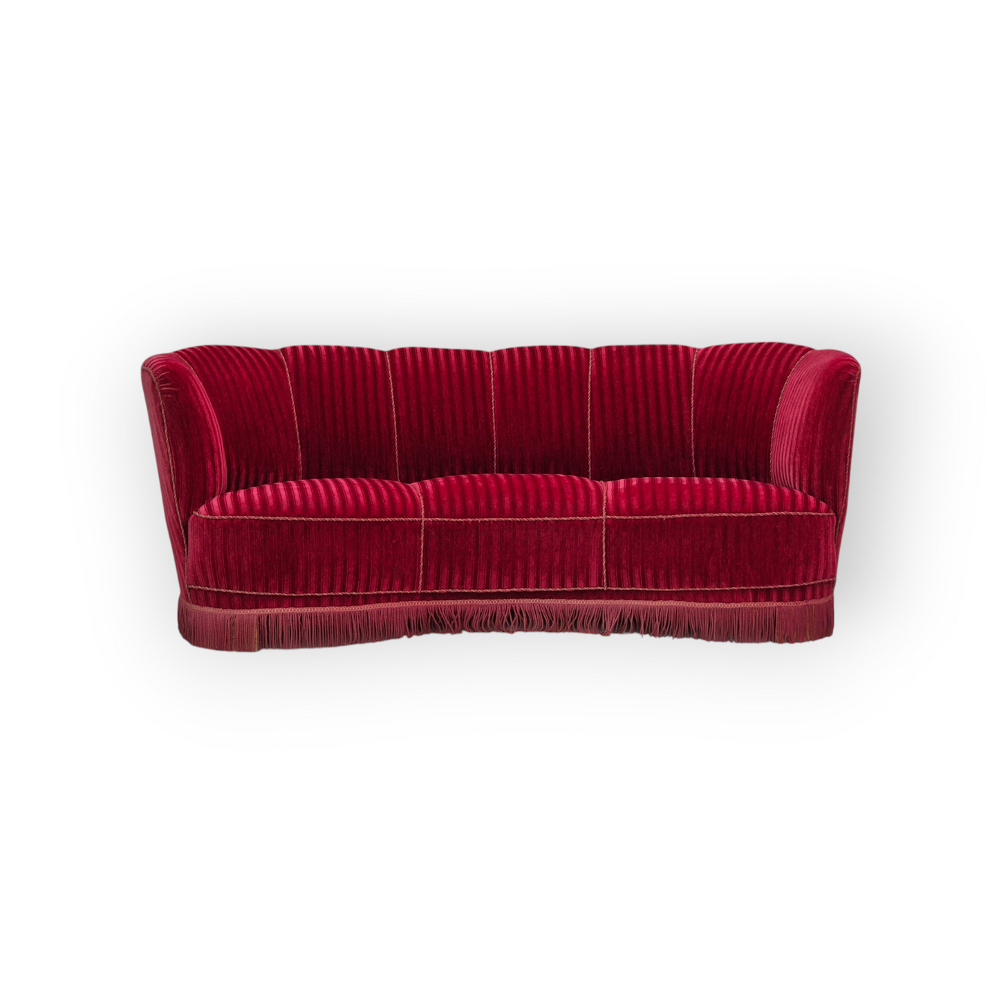 1960s, Danish 3-seater "Banan" sofa, original cherry-red furniture velour.