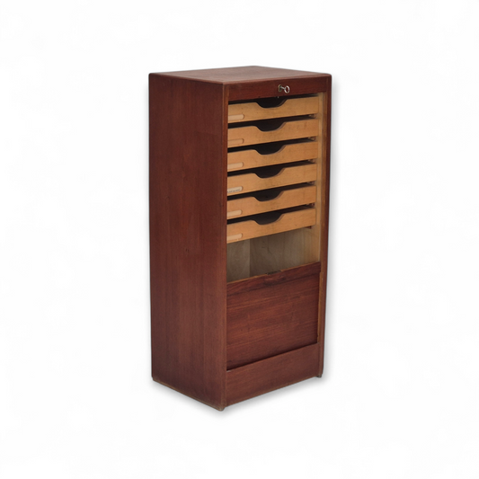 1960s, Danish office cabinet, original condition, teak wood, sliding doors, drawers inside.