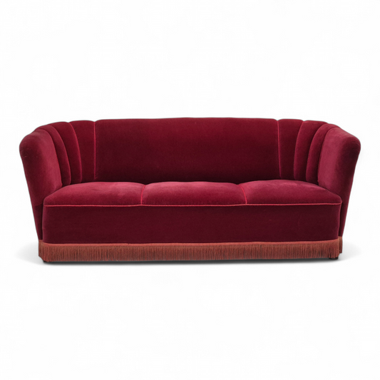 1960s, Danish 3 seater sofa, original condition, cherry-red furniture velour.