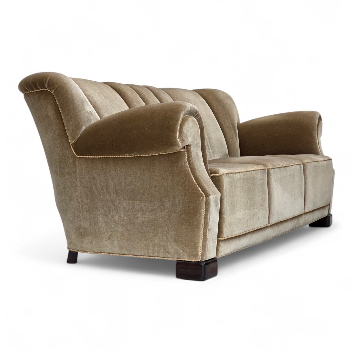 1960s, Danish 3-seater sofa, green furniture velour, oak wood legs.