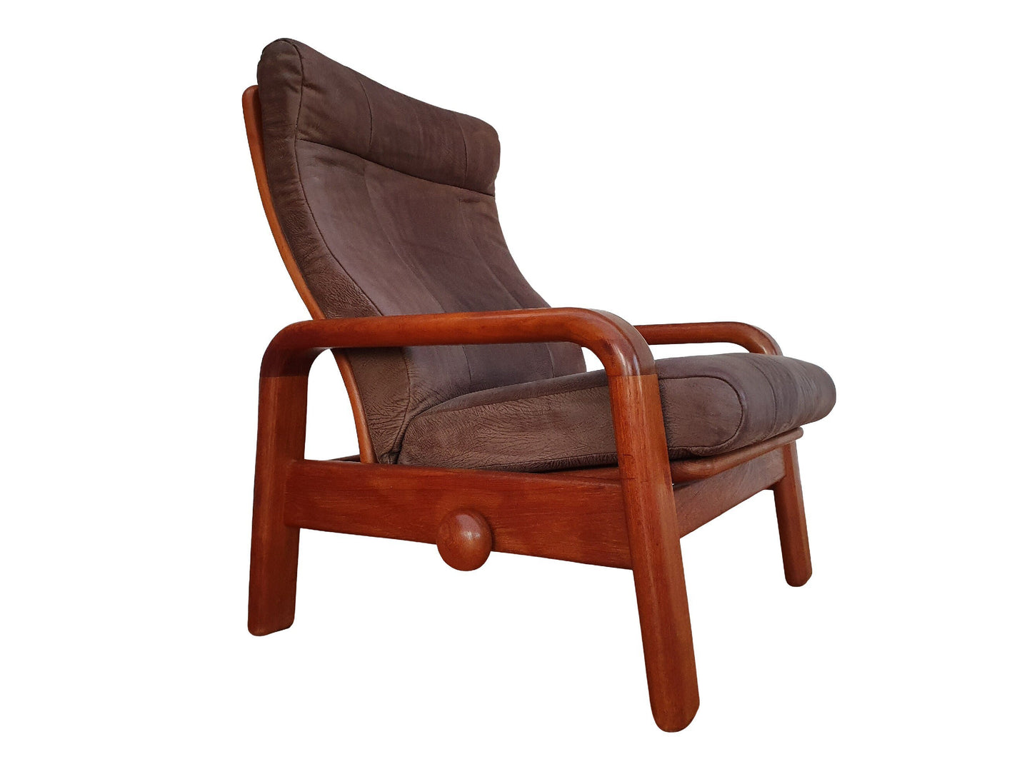 1980s, Danish adjustable lounge chair, HS Design, nubuck leather, solid teak wood.