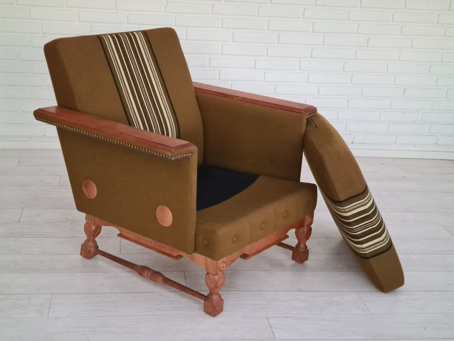 1970s, Danish design, set of two armchairs, oak wood, wool, original condition