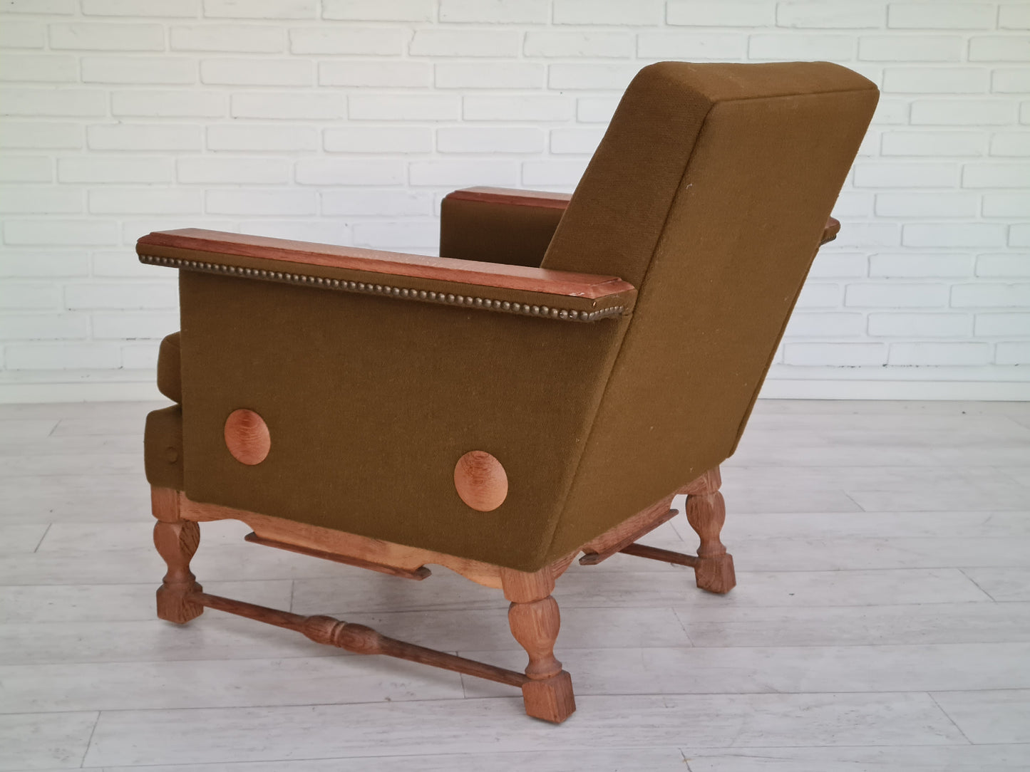 1970s, Danish design, set of two armchairs, oak wood, wool, original condition