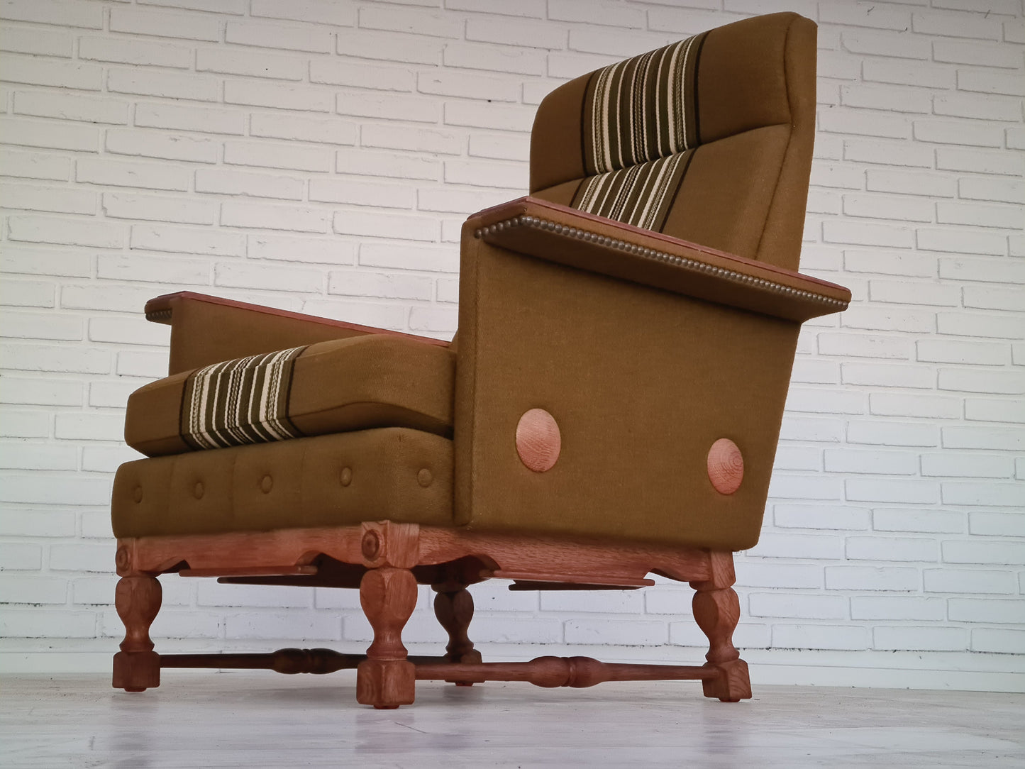 1970s, Danish design, set of two armchairs, oak wood, wool, original condition