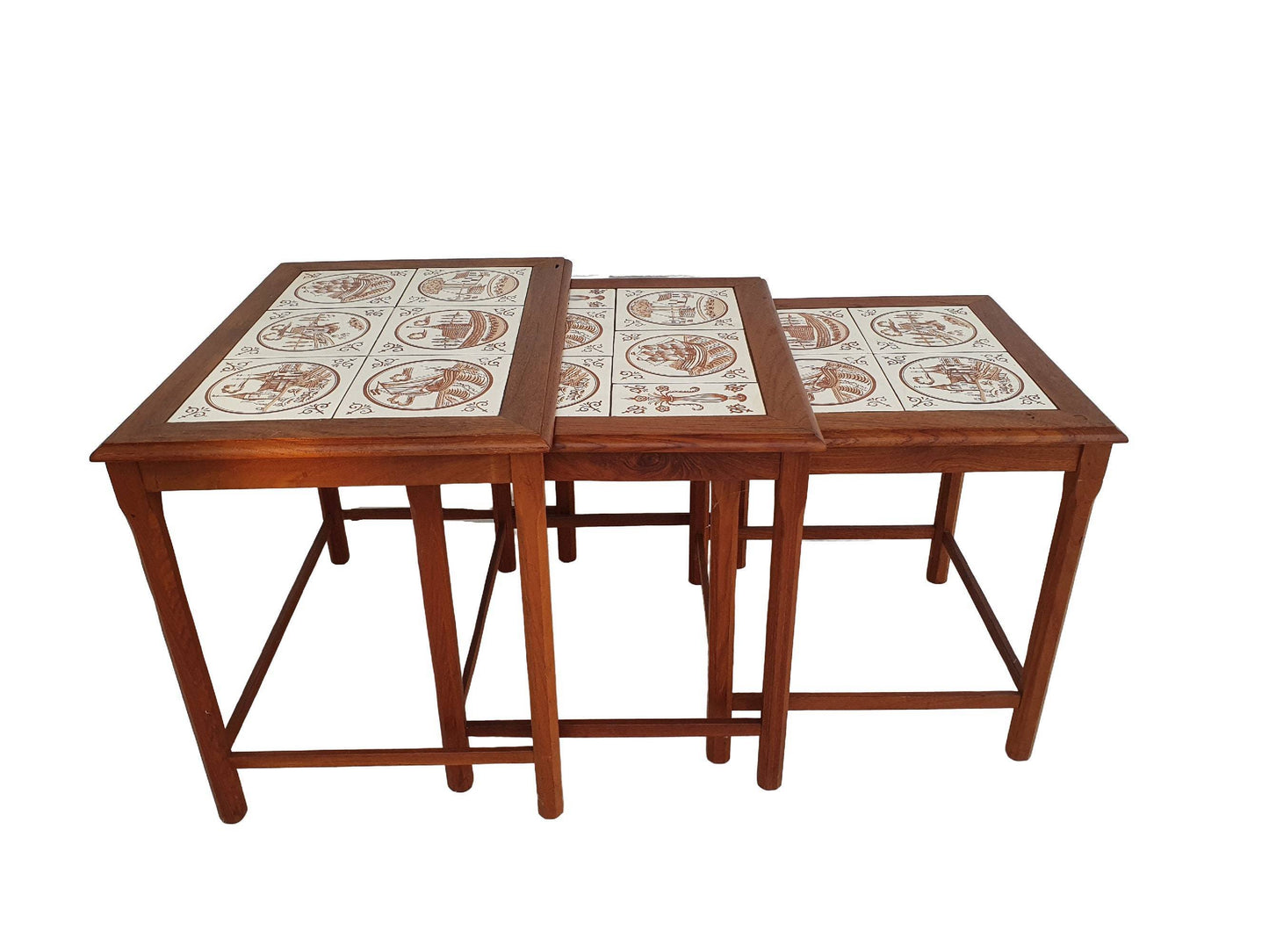 1970s, nesting table, Danish design, hand-painted ceramic tiles, teak wood.