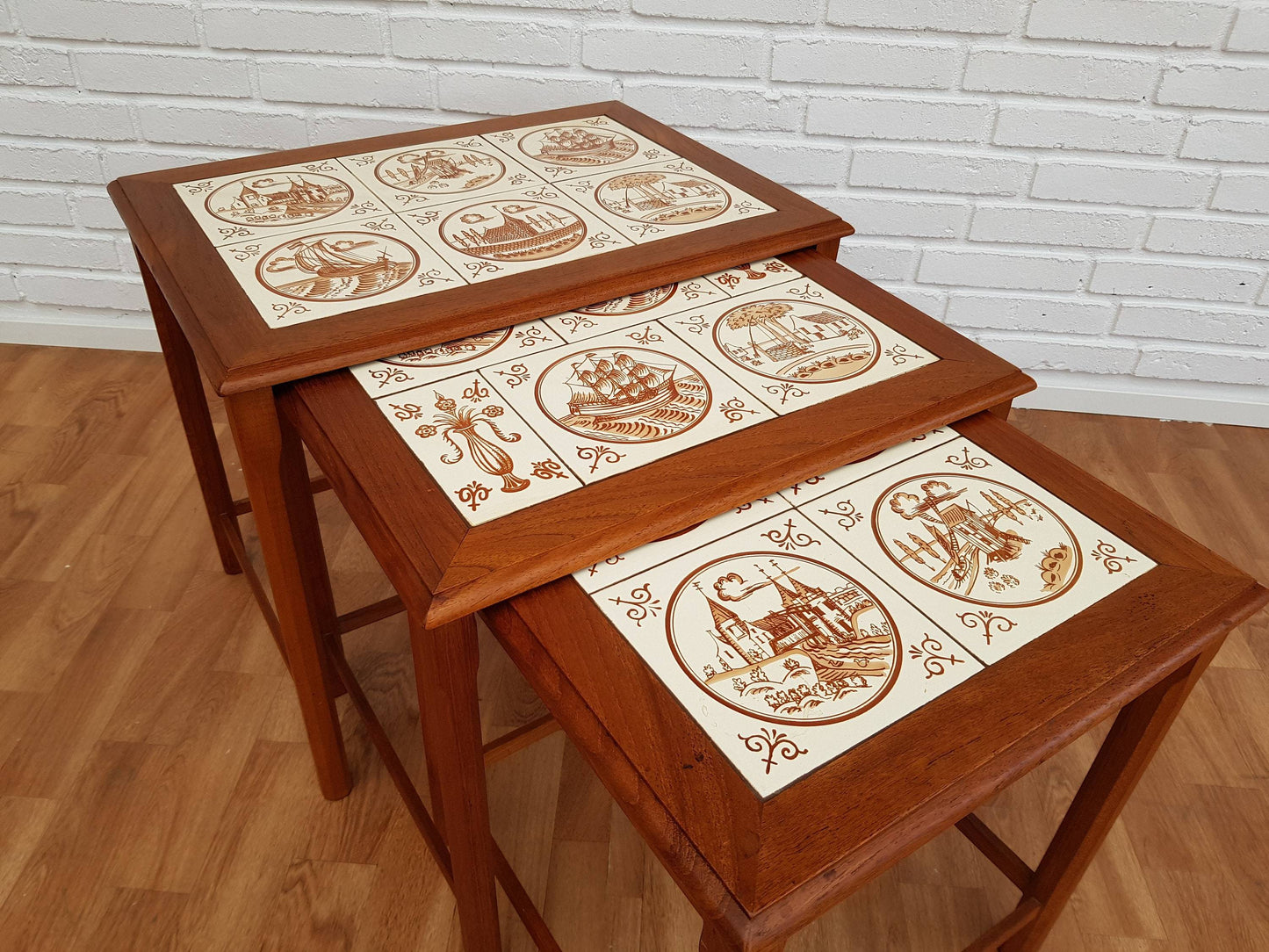 1970s, nesting table, Danish design, hand-painted ceramic tiles, teak wood.