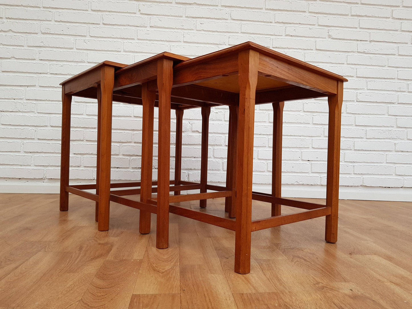 1970s, nesting table, Danish design, hand-painted ceramic tiles, teak wood.