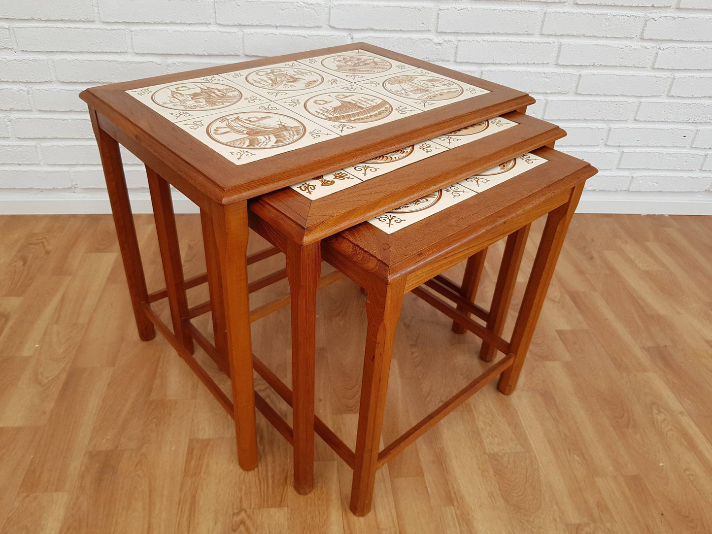 1970s, nesting table, Danish design, hand-painted ceramic tiles, teak wood.