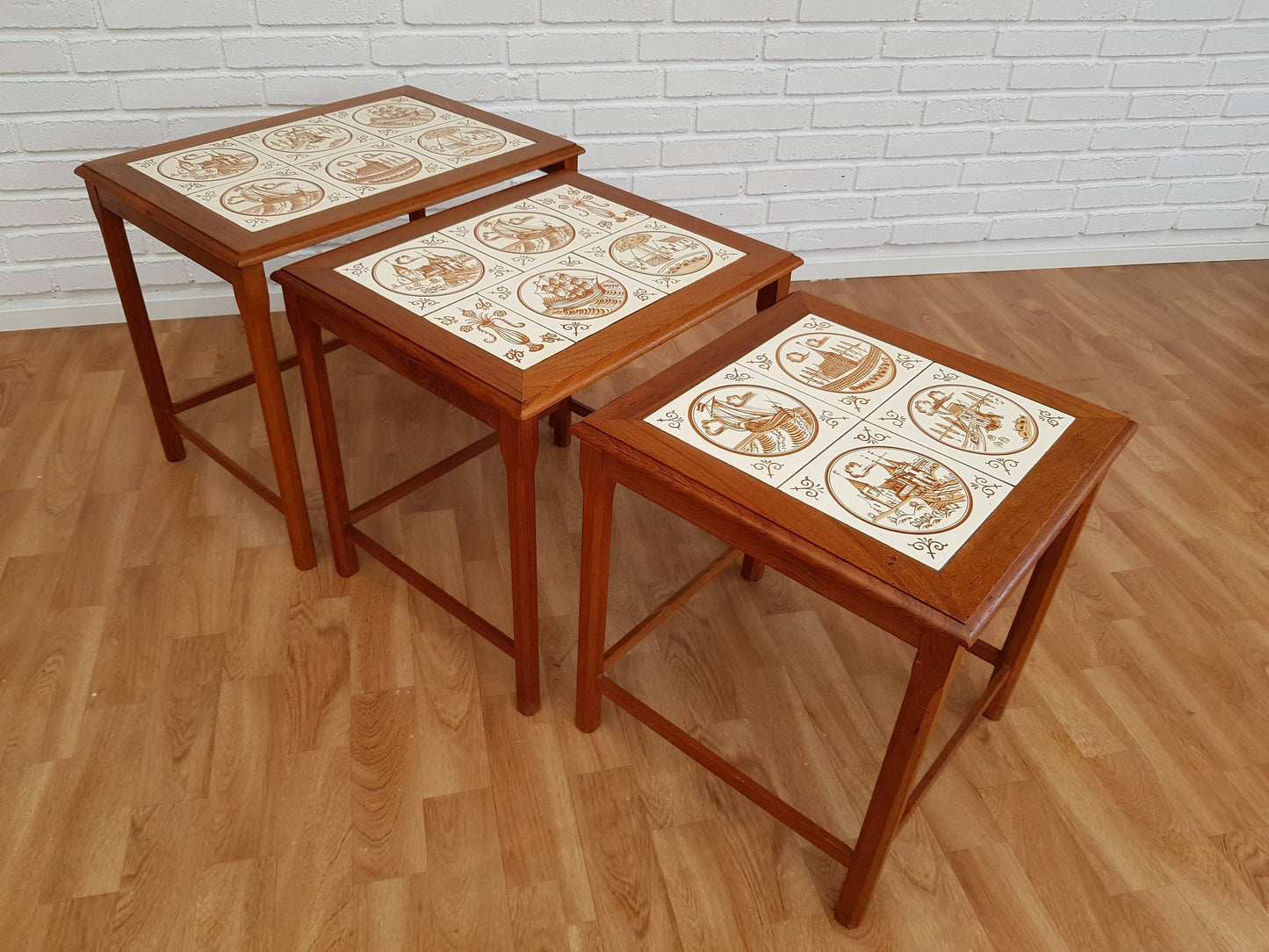 1970s, nesting table, Danish design, hand-painted ceramic tiles, teak wood.